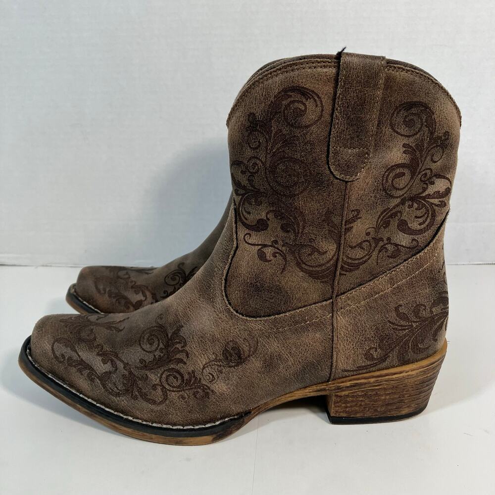 Roper Sz 8 Cowgirl Shorty Boot Vintage Brown Faux Leather Fabric Western Design